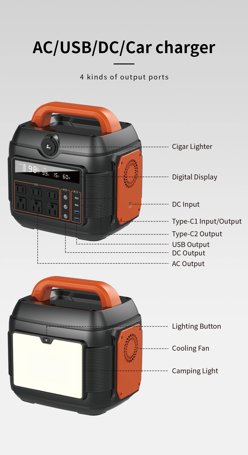 Portable Power Station 576wh/600W 1000W Backup Lithium Battery Pure Sine Wave AC Outlet